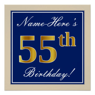 Elegant, blau, Imitate Gold 55. Geburtstag + Name Poster
