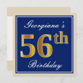 Elegant, blau, Imitate Gold 56. Geburtstag + Name Einladung (Vorne/Hinten)
