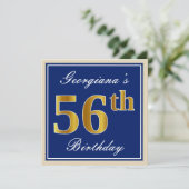 Elegant, blau, Imitate Gold 56. Geburtstag + Name Einladung (Stehend Vorderseite)