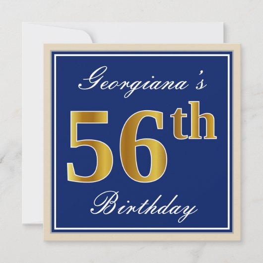 Elegant, blau, Imitate Gold 56. Geburtstag + Name Einladung (Vorderseite)