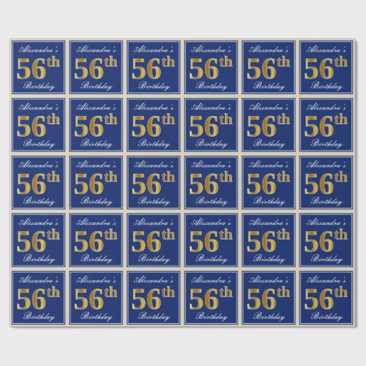 Elegant, blau, Imitate Gold 56. Geburtstag + Name Geschenkpapier (Flach)