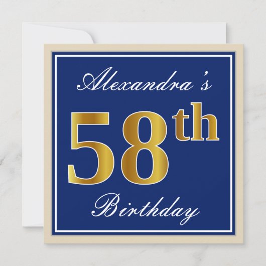 Elegant, blau, Imitate Gold 58. Geburtstag + Name Einladung (Vorderseite)