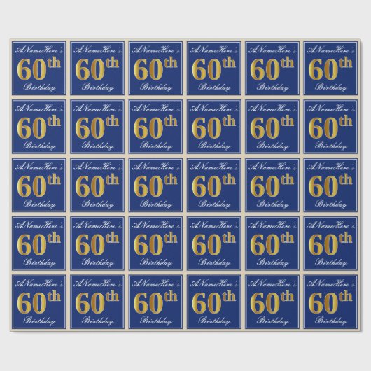 Elegant, blau, Imitate Gold 60. Geburtstag + Name Geschenkpapier (Flach)