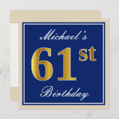 Elegant, blau, Imitate Gold 61. Geburtstag + Name Einladung (Vorne/Hinten)