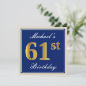Elegant, blau, Imitate Gold 61. Geburtstag + Name Einladung (Stehend Vorderseite)