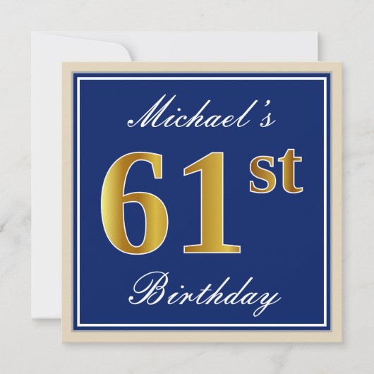 Elegant, blau, Imitate Gold 61. Geburtstag + Name Einladung (Vorderseite)