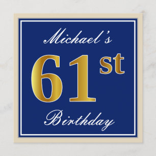 Elegant, blau, Imitate Gold 61. Geburtstag + Name Einladung