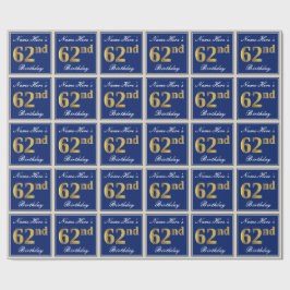 Elegant, blau, Imitate Gold 62. Geburtstag + Name Geschenkpapier