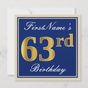 Elegant, Blau, Imitate Gold 63. Geburtstag + Name Einladung