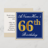 Elegant, blau, Imitate Gold 66. Geburtstag + Name Einladung (Vorne/Hinten)