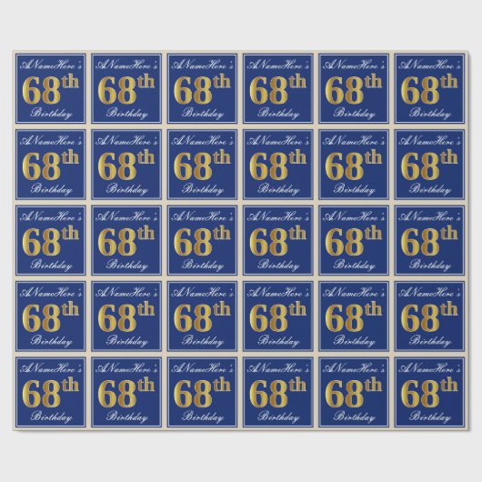 Elegant, blau, Imitate Gold 68. Geburtstag + Name Geschenkpapier (Flach)