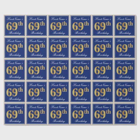 Elegant, blau, Imitate Gold 69. Geburtstag + Name Geschenkpapier (Flach)