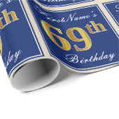 Elegant, blau, Imitate Gold 69. Geburtstag + Name Geschenkpapier (Rolleneckpunkt)