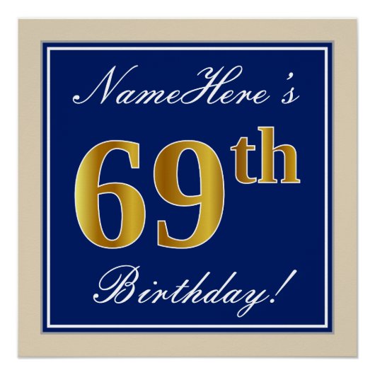 Elegant, blau, Imitate Gold 69. Geburtstag + Name Poster (Vorderseite)