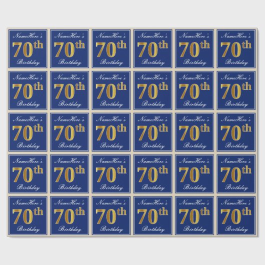 Elegant, blau, Imitate Gold 70. Geburtstag + Name Geschenkpapier (Flach)