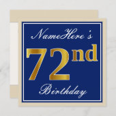Elegant, blau, Imitate Gold 72. Geburtstag + Name Einladung (Vorne/Hinten)