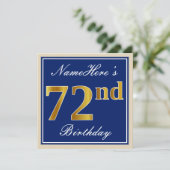 Elegant, blau, Imitate Gold 72. Geburtstag + Name Einladung (Stehend Vorderseite)
