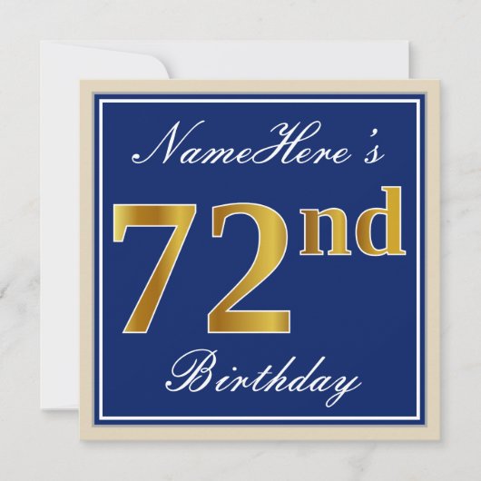 Elegant, blau, Imitate Gold 72. Geburtstag + Name Einladung (Vorderseite)