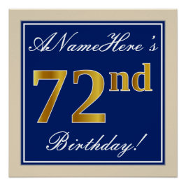 Elegant, blau, Imitate Gold 72. Geburtstag + Name Poster