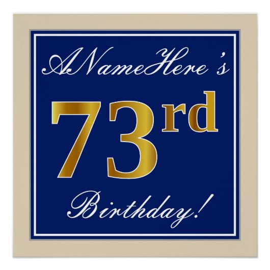 Elegant, blau, Imitate Gold 73. Geburtstag + Name Poster (Vorderseite)