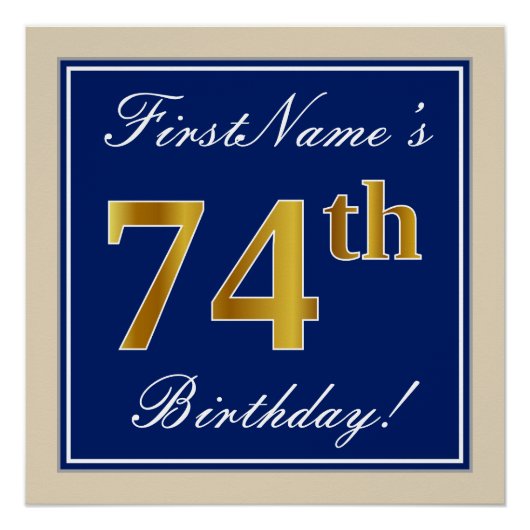 Elegant, blau, Imitate Gold 74. Geburtstag + Name Poster (Vorderseite)