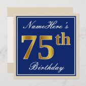 Elegant, blau, Imitate Gold 75. Geburtstag + Name Einladung (Vorne/Hinten)