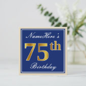 Elegant, blau, Imitate Gold 75. Geburtstag + Name Einladung (Stehend Vorderseite)