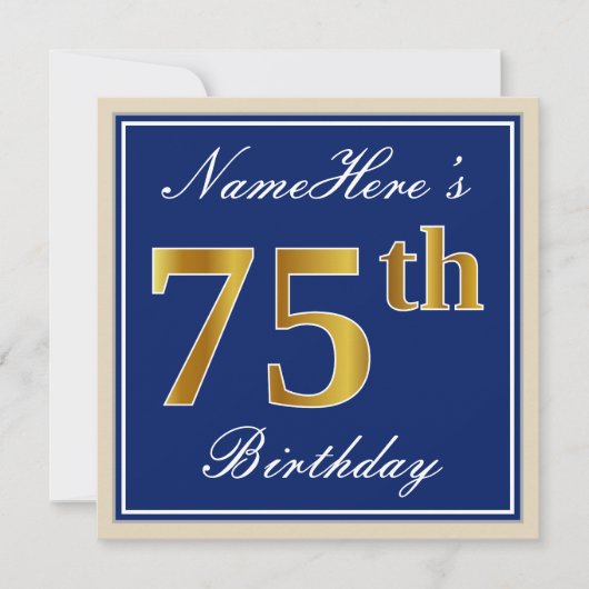 Elegant, blau, Imitate Gold 75. Geburtstag + Name Einladung (Vorderseite)