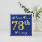 Elegant, blau, Imitate Gold 78. Geburtstag + Name Einladung (Stehend Vorderseite)