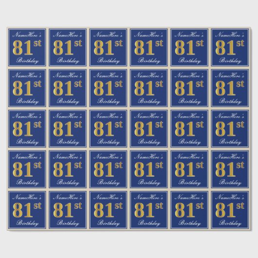 Elegant, blau, Imitate Gold 81. Geburtstag + Name Geschenkpapier (Flach)