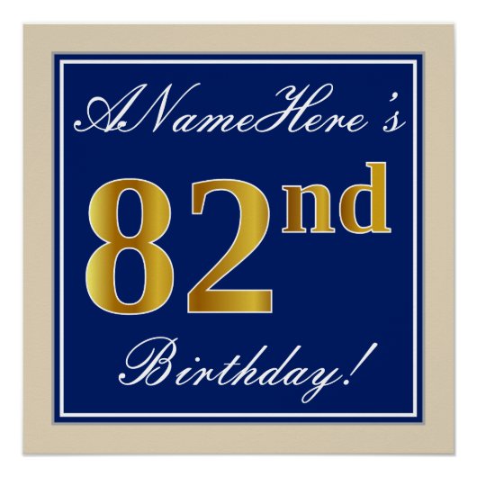 Elegant, blau, Imitate Gold 82. Geburtstag + Name Poster (Vorderseite)