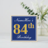 Elegant, blau, Imitate Gold 84. Geburtstag + Name Einladung (Stehend Vorderseite)