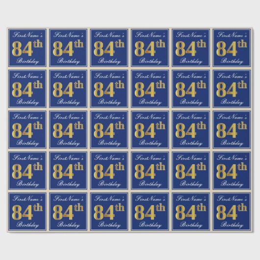 Elegant, blau, Imitate Gold 84. Geburtstag + Name Geschenkpapier (Flach)