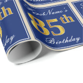 Elegant, blau, Imitate Gold 85. Geburtstag + Name Geschenkpapier (Rolleneckpunkt)