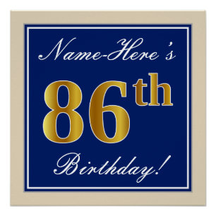 Elegant, blau, Imitate Gold 86. Geburtstag + Name Poster
