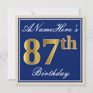 Elegant, blau, Imitate Gold 87. Geburtstag + Name Einladung