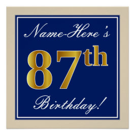 Elegant, blau, Imitate Gold 87. Geburtstag + Name Poster