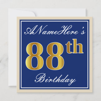 Elegant, blau, Imitate Gold 88. Geburtstag + Name Einladung