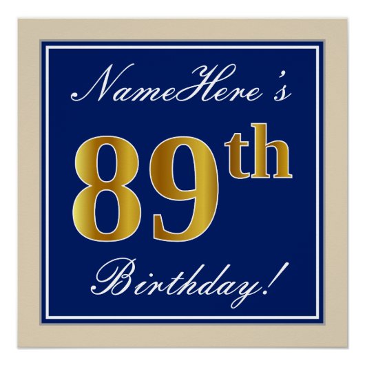 Elegant, blau, Imitate Gold 89. Geburtstag + Name Poster (Vorderseite)