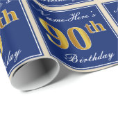 Elegant, blau, Imitate Gold 90. Geburtstag + Name Geschenkpapier (Rolleneckpunkt)