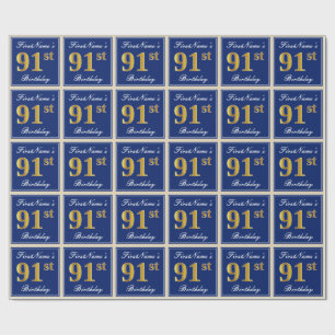 Elegant, blau, Imitate Gold 91. Geburtstag + Name Geschenkpapier