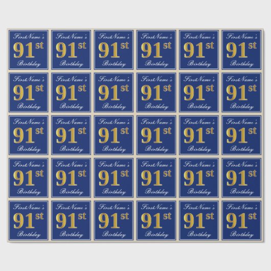 Elegant, blau, Imitate Gold 91. Geburtstag + Name Geschenkpapier (Flach)
