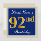 Elegant, blau, Imitate Gold 92. Geburtstag + Name Einladung (Vorne/Hinten)