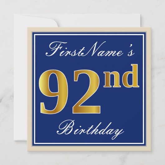 Elegant, blau, Imitate Gold 92. Geburtstag + Name Einladung (Vorderseite)