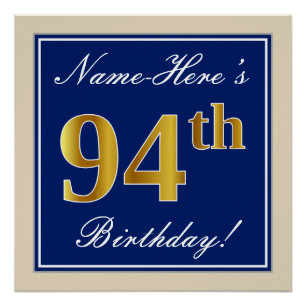 Elegant, blau, Imitate Gold 94. Geburtstag + Name Poster