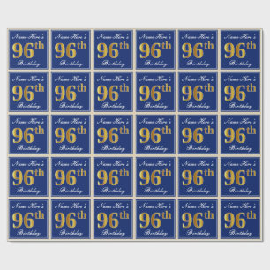 Elegant, blau, Imitate Gold 96. Geburtstag + Name Geschenkpapier