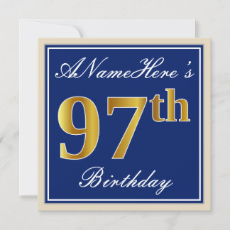 Elegant, blau, Imitate Gold 97. Geburtstag + Name Einladung