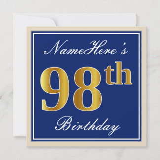 Elegant, Blau, Imitate Gold 98. Geburtstag + Name Einladung