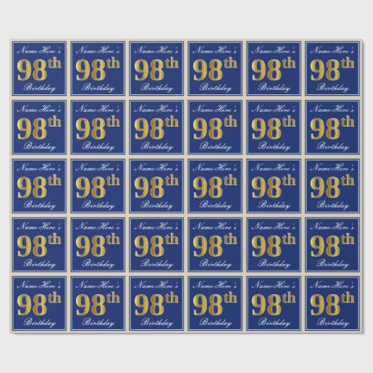 Elegant, blau, Imitate Gold 98. Geburtstag + Name Geschenkpapier (Flach)