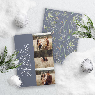 Elegant blau, modern mit minimalem Foto botanisch Feiertagskarte